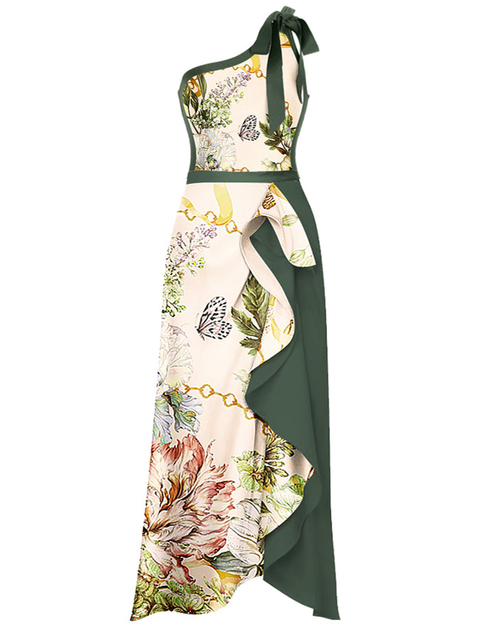One Shoulder Print One Piece Swimsuit and Skirt