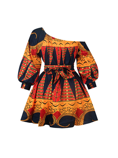 High Waisted Loose Elasticity Printed Tied Waist One-shoulder Mini Dresses