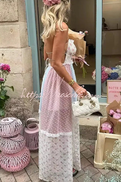 Lace Halterneck Backless Patchwork Maxi Dress