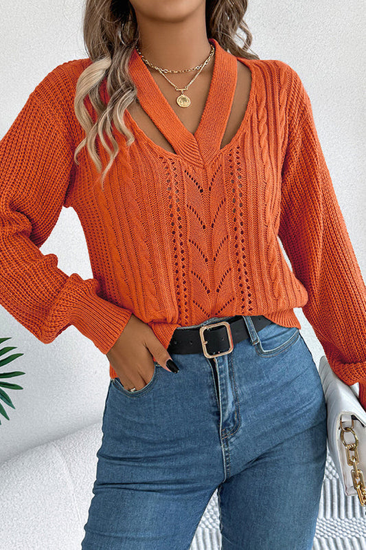 Hollow V-neck Long-sleeved Knitted Sweater