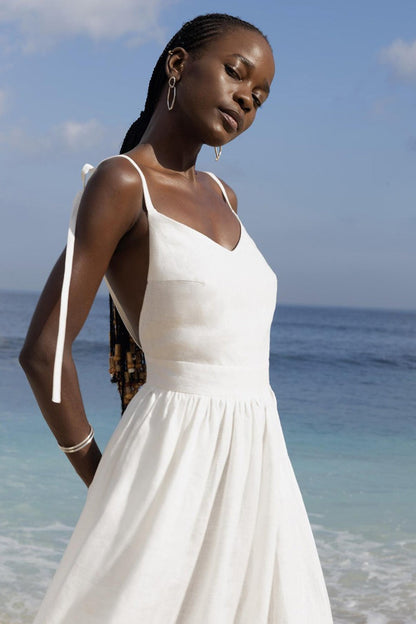 Cotton V Neck Spaghetti Strap Tie Backless Midi Dress