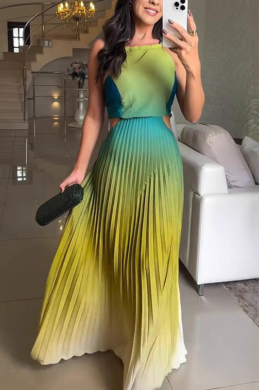 Fashionable Backless Tie Gradient Pleated Maxi Dress