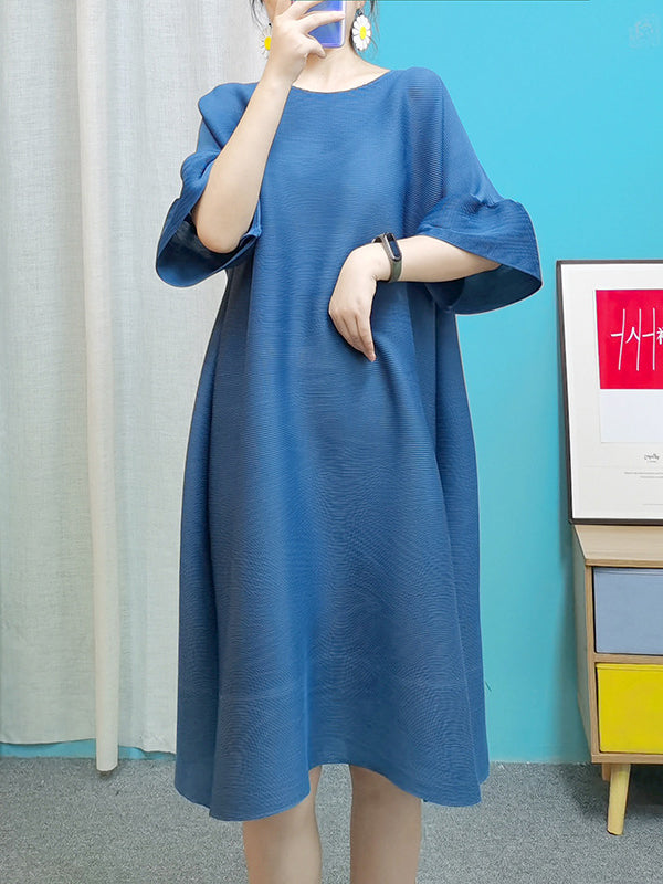 Stylish Selection Flared Sleeves A-line Pleated Color Round-neck Midi Dresses