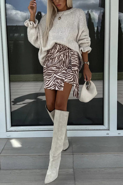 Color Round Neck Ruffled Long Sleeve Knitted Sweater