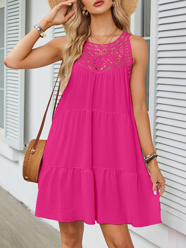 A-line Loose Hollow Pleated Color Split-joint Round-neck Mini Dresses