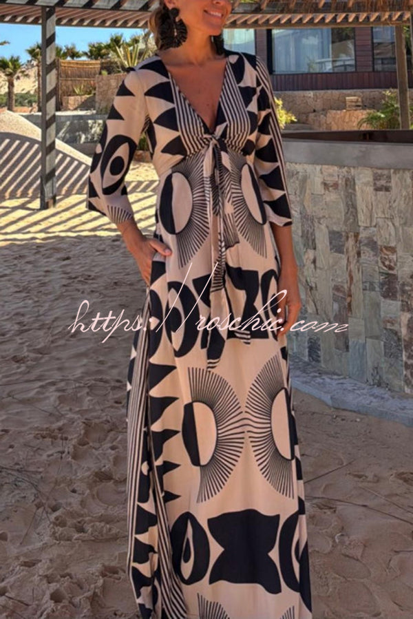 Unique Print V-neck Tie Loose Pocket Maxi Dress