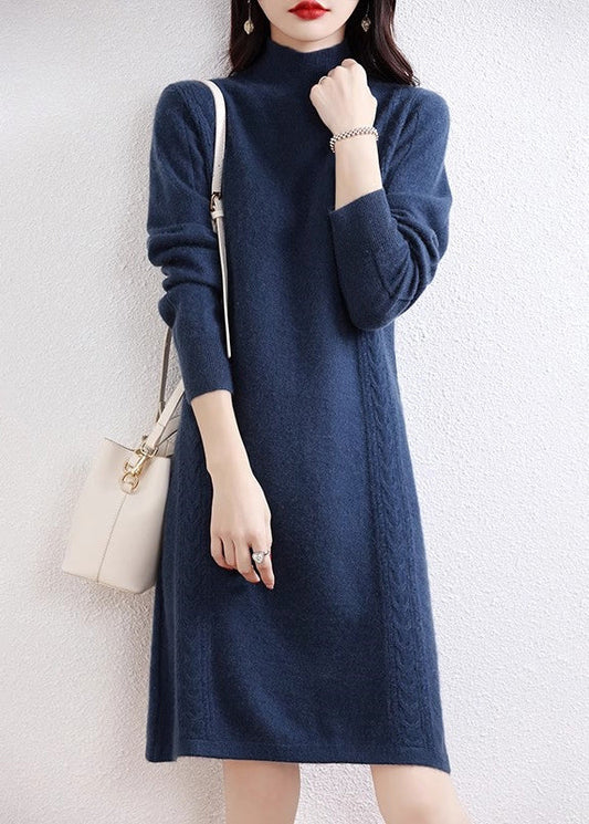Navy Turtleneck Wool Knit Sweater Dress Fall Qx022