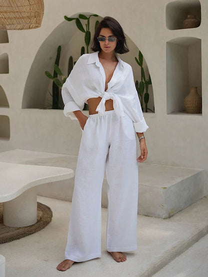 Cotton and Linen Shirt Drawstring Wide-leg Pants Set
