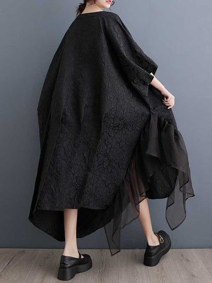 Batwing Sleeves Loose Asymmetric Flower Shape Gauze Jacquard Pleated Color Split-joint Round-neck Midi Dresses