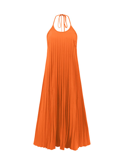 A-line Loose Backless Pleated Color Tied Spaghetti-neck Maxi Dresses