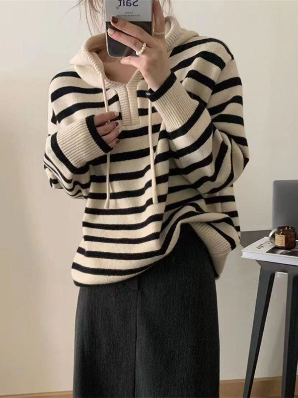 Black Hooded Drawstring V-neck Contrast Color Striped Long Sleeve Sweater Qx019