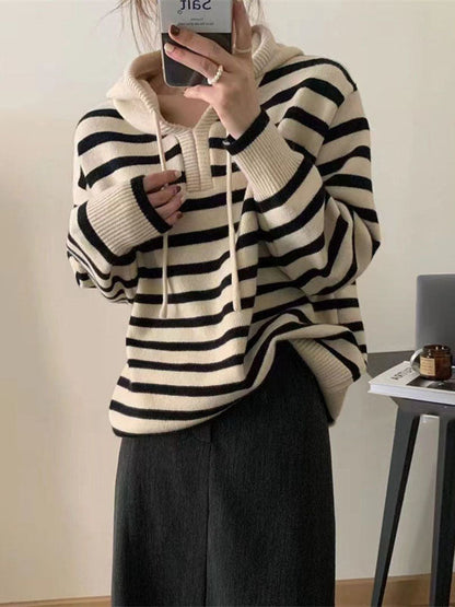 Black Hooded Drawstring V-neck Contrast Color Striped Long Sleeve Sweater Qx019