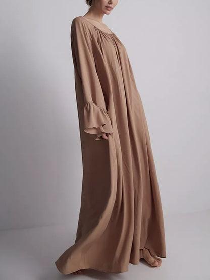 A-line Flared Sleeves Pleated Color Split-joint Round-neck Maxi Dresses