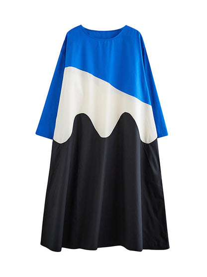 A-line Long Sleeves Asymmetric Contrast Color Split-joint Round-neck Midi Dresses