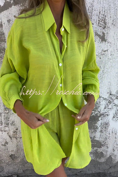 Color Lapel Long Shirt and Elastic Waist Loose Pocket Shorts Set