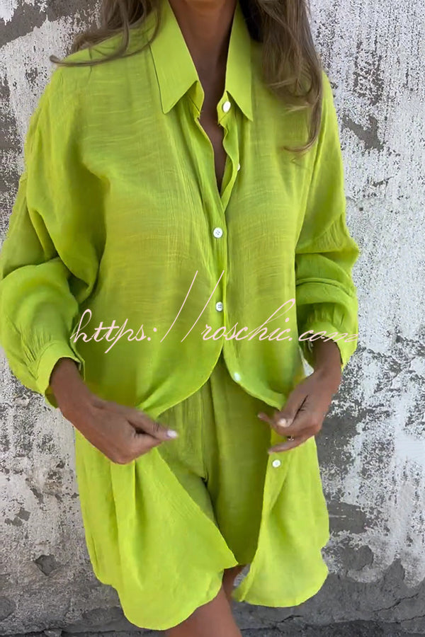 Color Lapel Long Shirt and Elastic Waist Loose Pocket Shorts Set