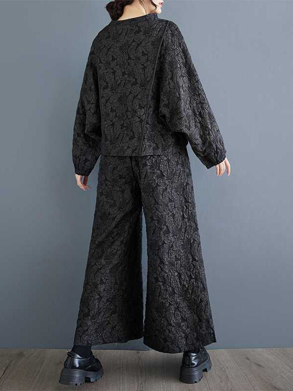Classy Black Round-neck Jacquard Raglan Long Sleeve and Elastic Waist Pockets Wide Leg Pants Set Ws014