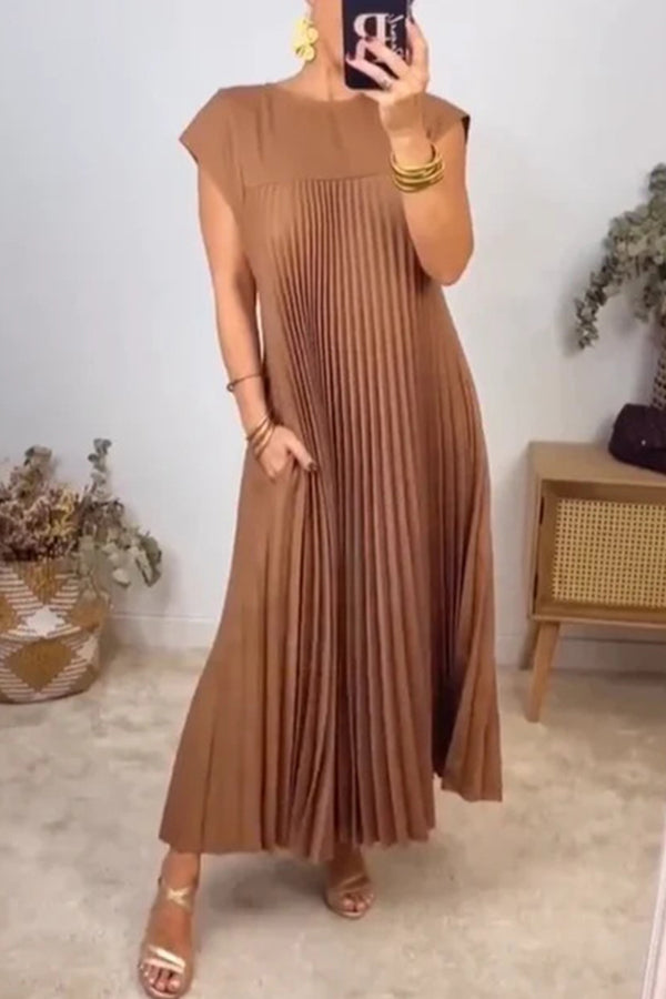 Color Round Neck Sleeveless Pleated Large Hem Maxi Dress