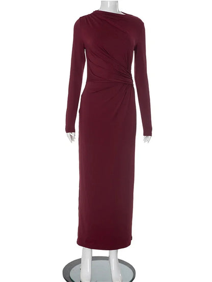 Pleated Slim Maxi Dress for High Waist Long Sleeve Bandage Autumn Dress Patchwork Long Dress