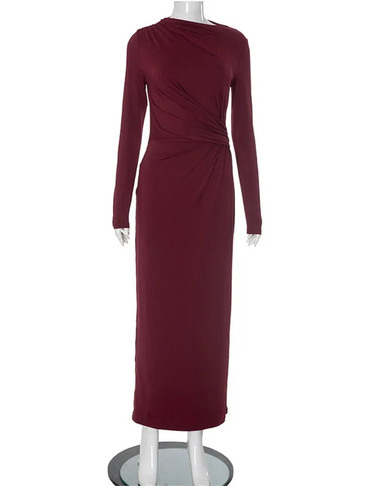 Pleated Slim Maxi Dress for High Waist Long Sleeve Bandage Autumn Dress Patchwork Long Dress