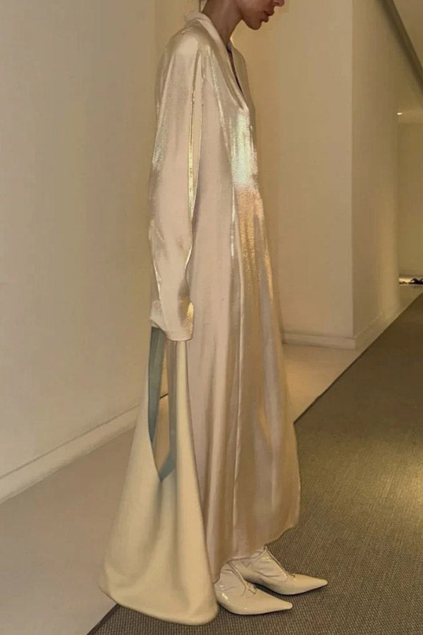 Color Glossy V-neck Long Sleeve Slit Maxi Dress