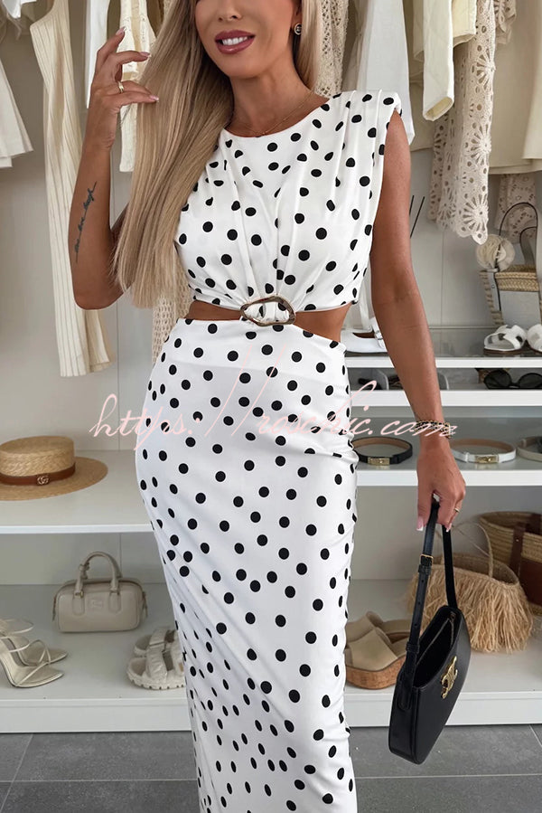 Roxane Polka Dot Print Shoulder Pad Metal Cutout Waist Slit Stretch Maxi Dress