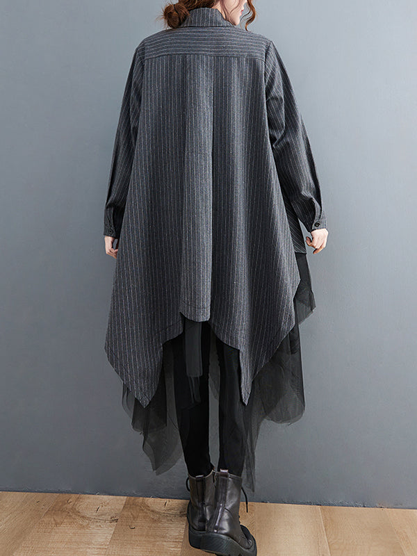 Loose Striped Gauze Split-joint Lapel Long Dress