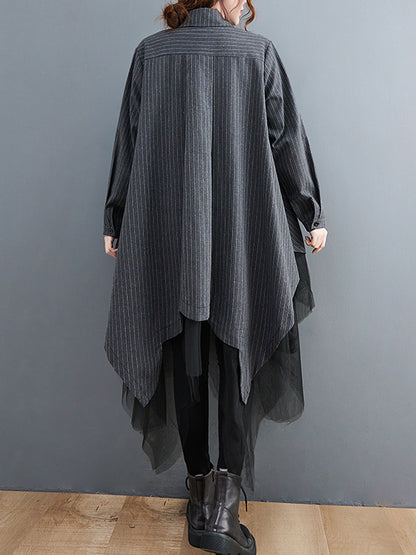 Loose Striped Gauze Split-joint Lapel Long Dress