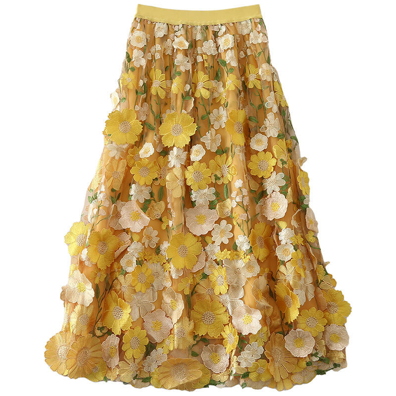 Vacation Elastic Waist Pink Embroidery Patch Tulle Skirt