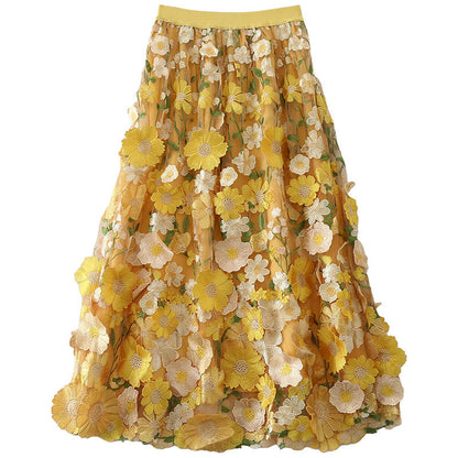 Vacation Elastic Waist Pink Embroidery Patch Tulle Skirt