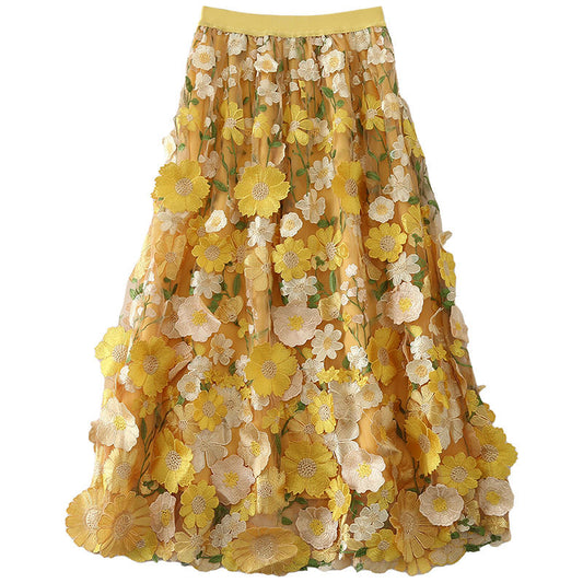 French Elastic Waist Yellow Embroidery Patch Tulle Skirt