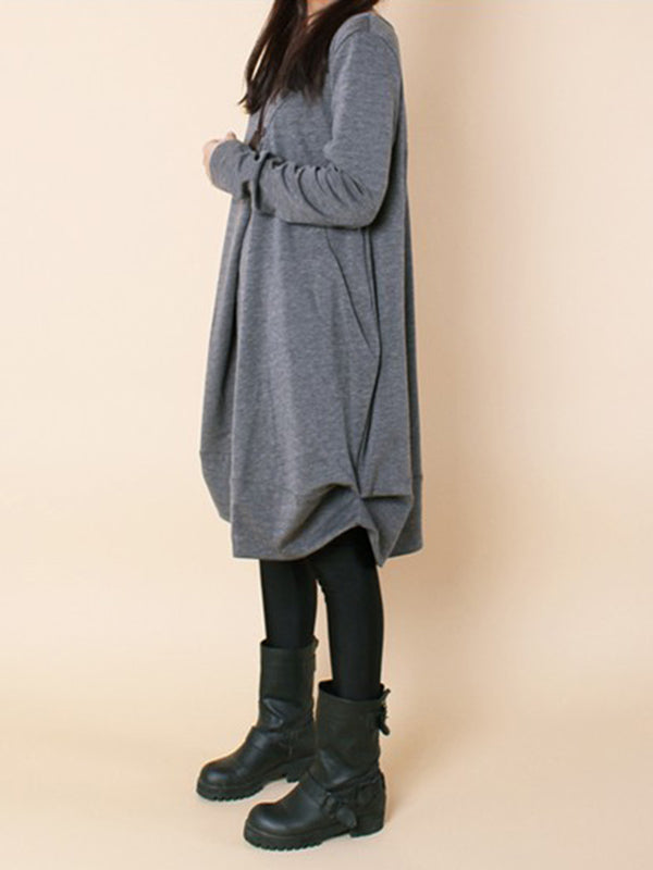 A-line Long Sleeves Pleated Color Round-neck Dresses Maxi Dresses