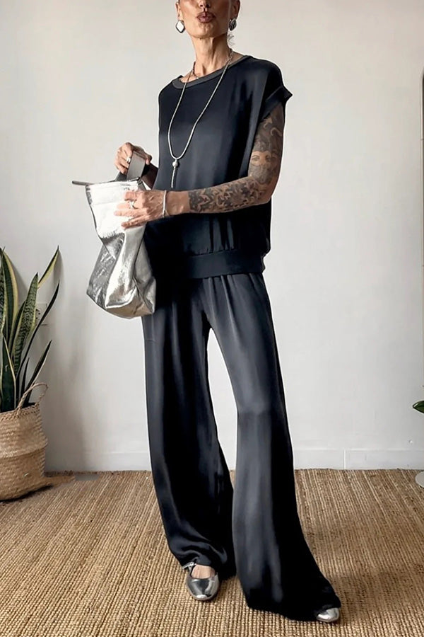 Satin Color Loose Short-sleeved Top and Elastic Waist Lace-up Pocket Wide-leg Pants Set