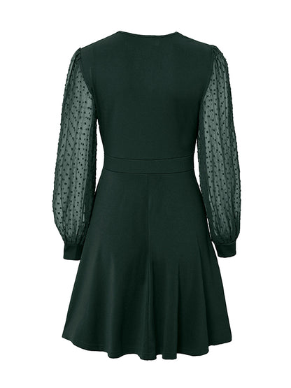 A-line Long Sleeves Gauze Pleated Split-joint V-neck Midi Dresses