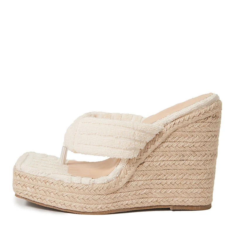Liyke Green Corduroy Narrow Band 13.5cm Wedges Heels Slippers – Stylish Open Toe Platform Sandals for ’s Summer Dress Shoes