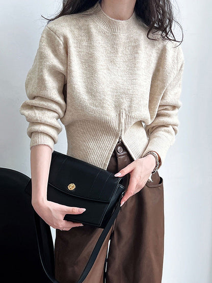 Urban Coffee Mock Neck Zipper Slit Hem Long Sleeve Sweater Qx004