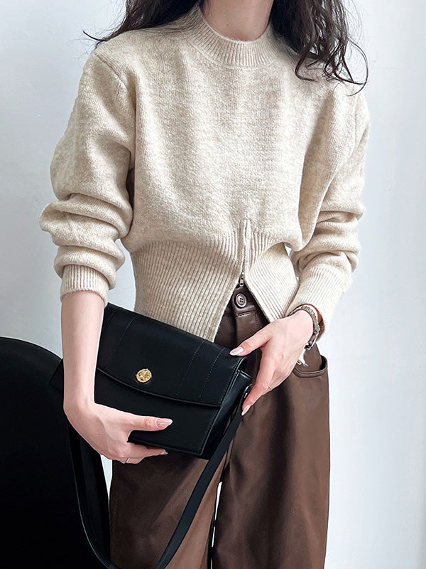 Grey Mock Neck Zip-up Hem Long Sleeve Sweater An1072
