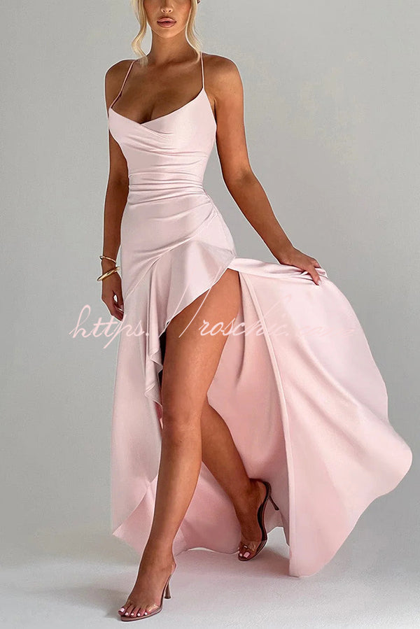 Color Backless Lace-up Irregular Ruffled Maxi Dress