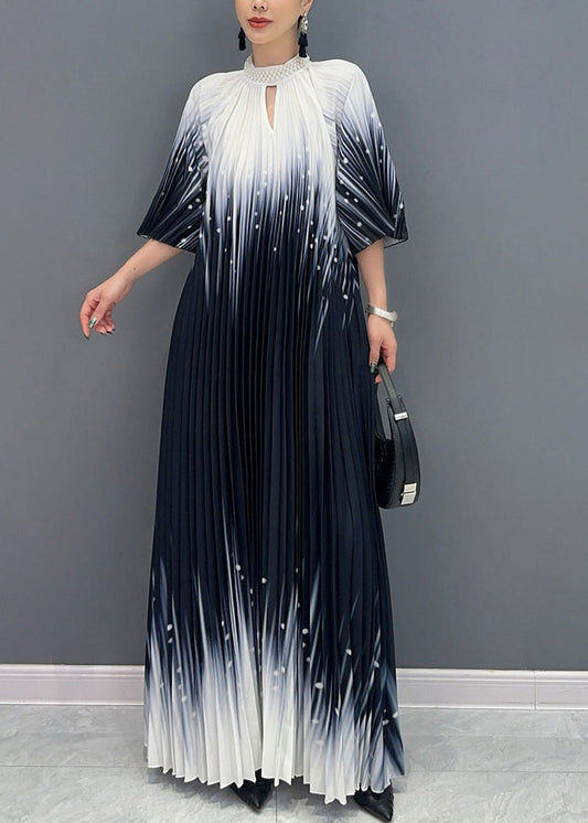 Fitted Black Turtleneck Print Wrinkled Vacation Maxi Dresses Summer Ao1032