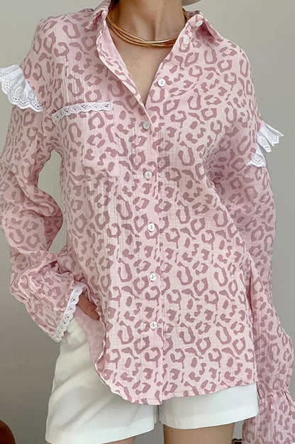 Leopard Print Cotton Long Sleeve Blouse