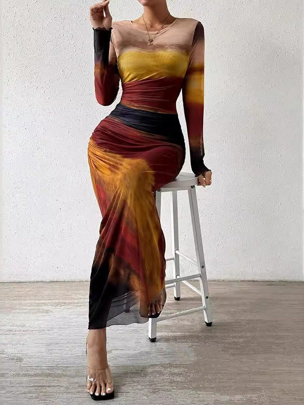 Bodycon Long Sleeves Gauze Gradient Pleated Printed See-through Round-neck Maxi Dresses
