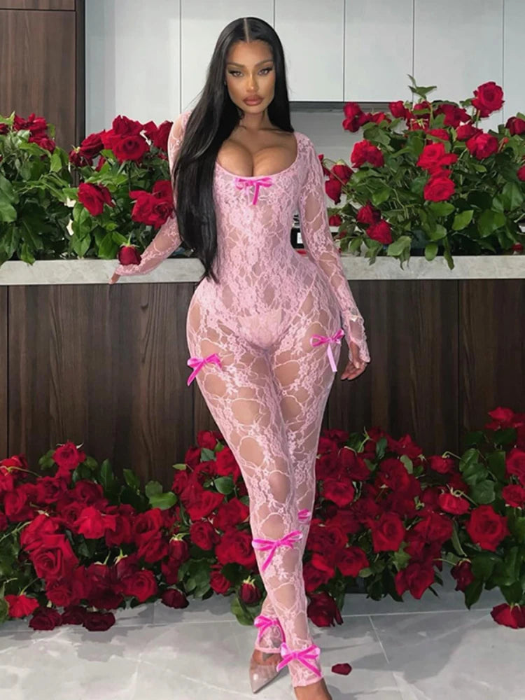 See Through Mesh Jumpsuit Bow Splice Long Sleeve Bodycon One Piece Hot Girl Party Club Overalls for Woman