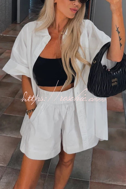 Summer Loose Short-sleeved Shirt and Elastic High Waist Shorts Set