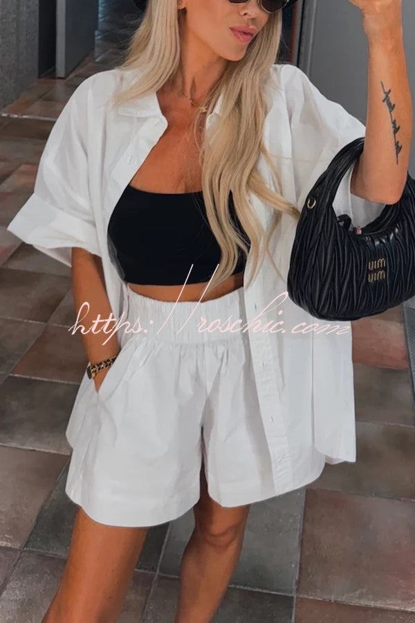 Summer Loose Short-sleeved Shirt and Elastic High Waist Shorts Set