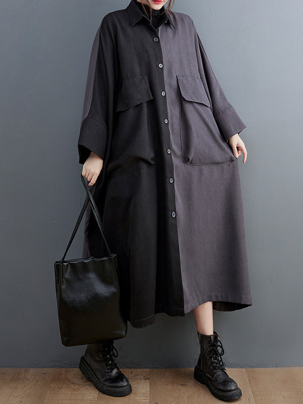 Long Sleeves Loose Buttoned Contrast Color Split-joint Lapel Collar Midi Dresses