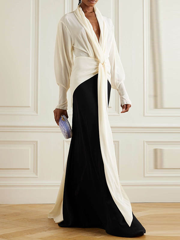 Long Sleeves Loose Contrast Color V-neck Evening Dresses Maxi Dresses