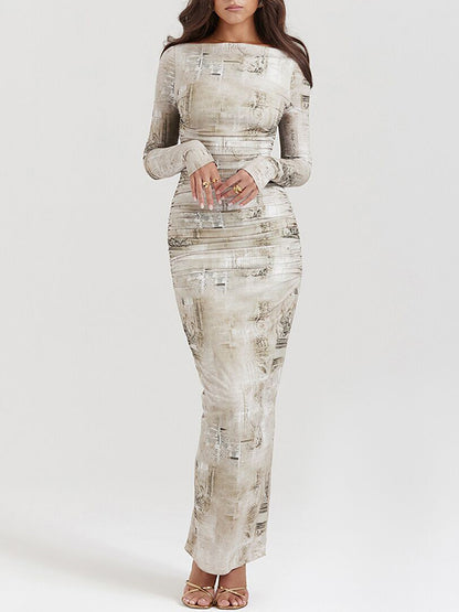 Long Sleeves Skinny Printed Split-back Split-joint Round-neck Evening Dresses Maxi Dresses