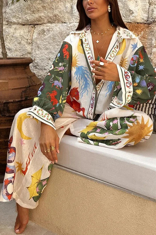 Beauty Unique Print Long Sleeve Loose Shirt and Elastic Waist Pants Set