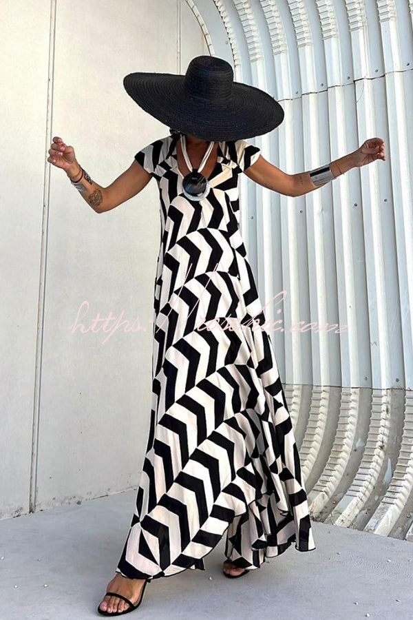 Fresh Breeze Unique Print Ruffle Sleeve A-line Maxi Dress