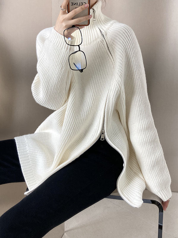 Urban Grey Halter-neck Split-side Zip-up Long Sleeve Sweater An1033